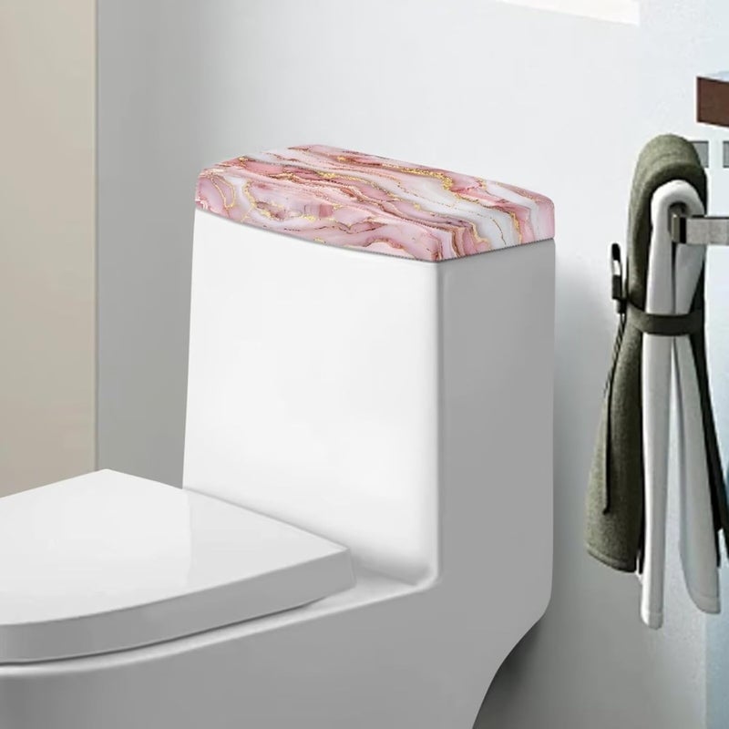 Tesivruno Marble Print Toilet Tank Cover for Bathroom with Stretchable Edge, Stain Resistant Toilet Top Cover Protector, Machine-Washable,Pink and Gold - Image 1